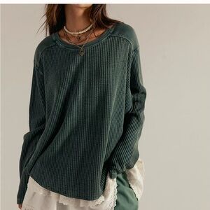 Free People FP One Blake Thermal Evergreen color Waffle Knit Long Sleeve Tee